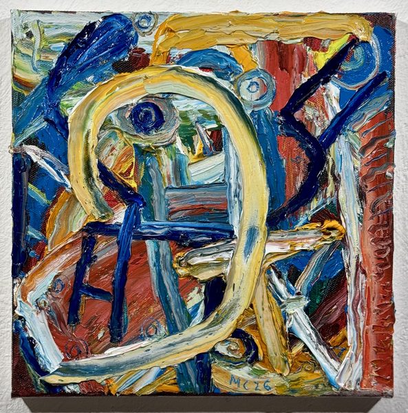 Hairpin, oil and acrylic painting by Mario Caoile, with a sweeping pale yellow loop over blue and rust marks