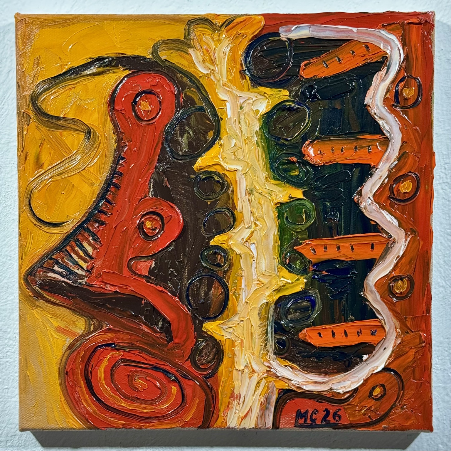 Innards, oil painting by Mario Caoile in yellow, red, dark green and white