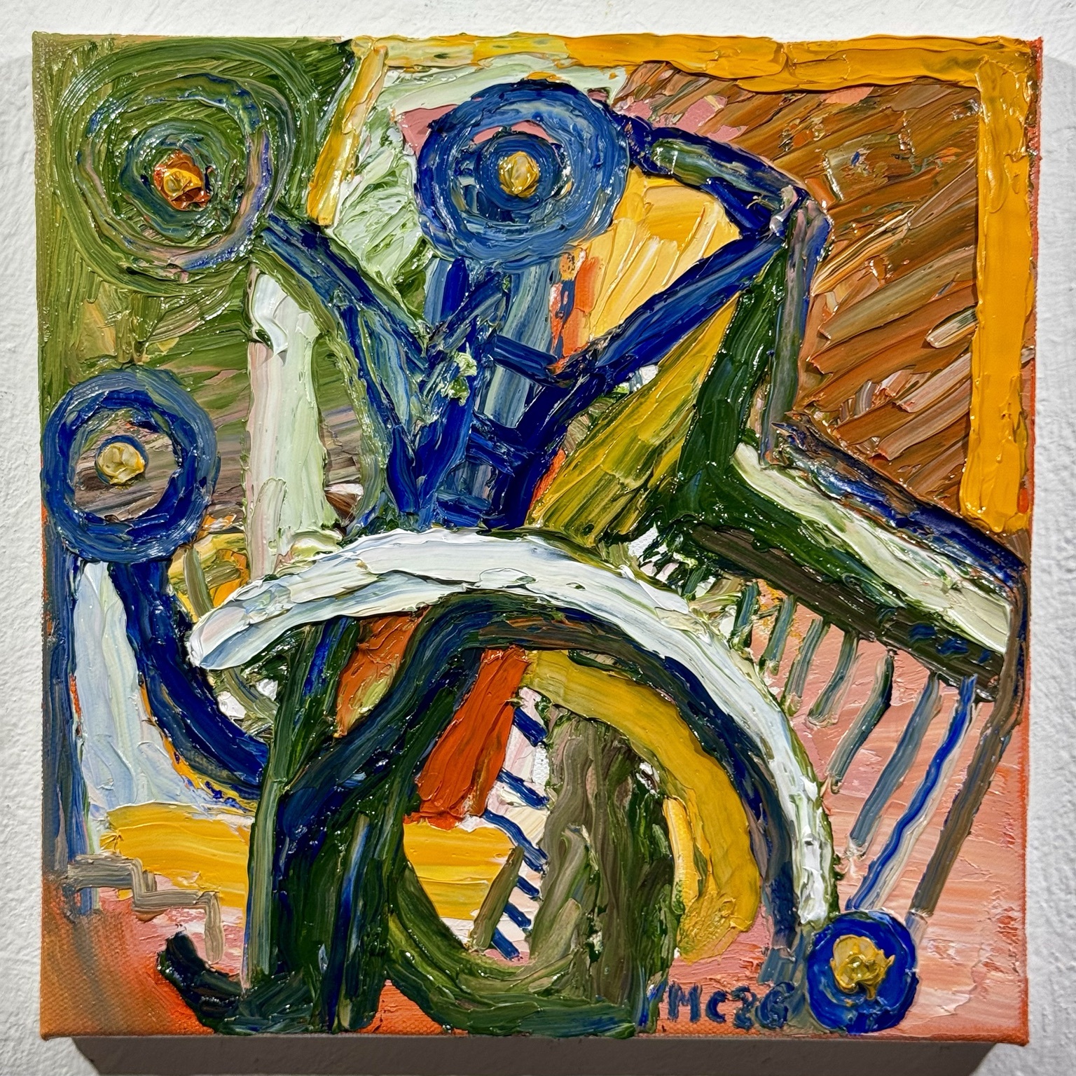 Jumbrella, oil painting by Mario Caoile with blue circular forms and sweeping green, white, yellow and orange strokes