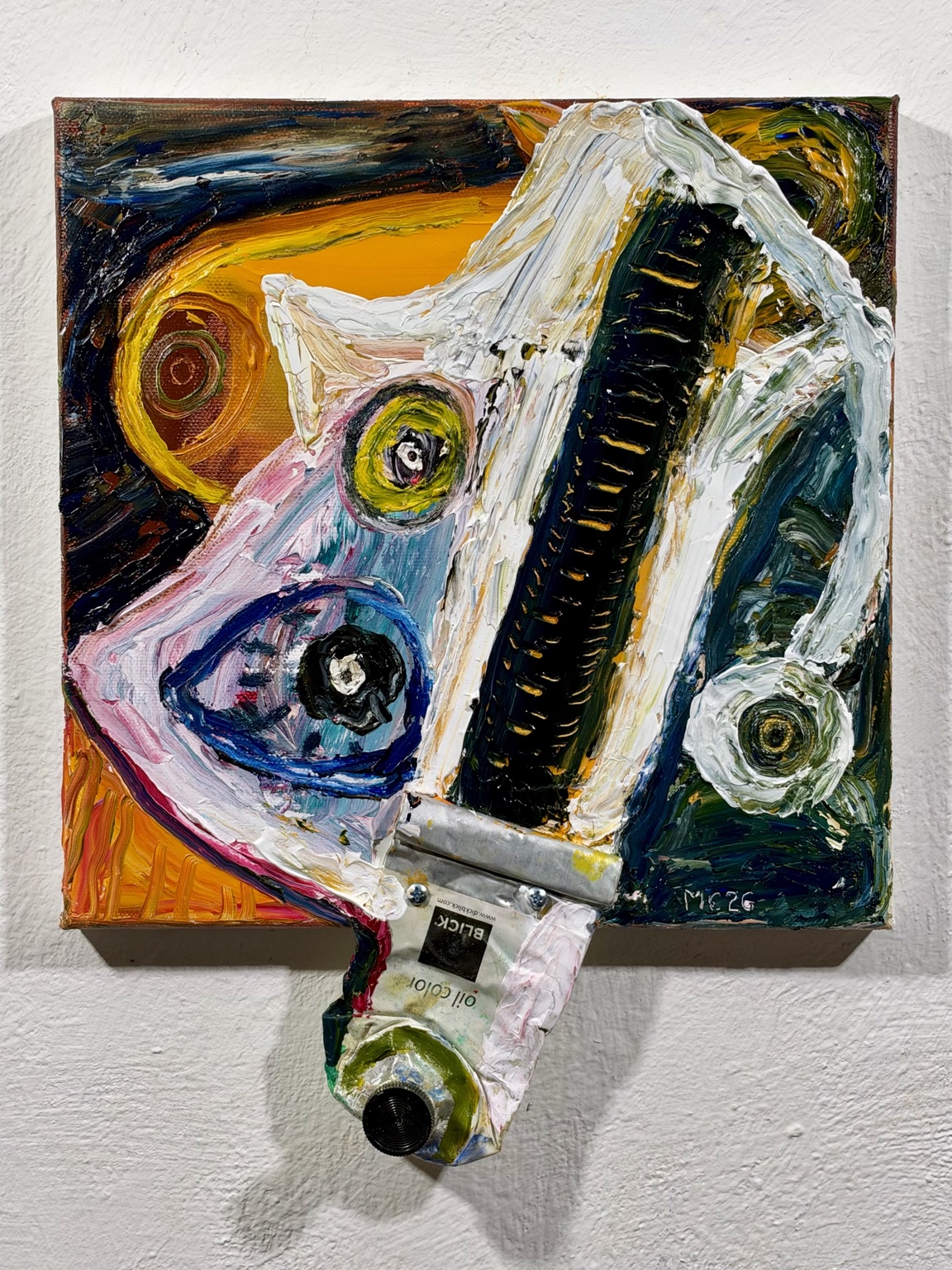 Mawkin, oil and paint tube on canvas by Mario Caoile, with sweeping white forms, orange, pink and dark green paint, and an attached paint tube hanging below the canvas